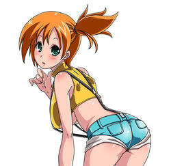 ass asymmetrical_hair back bad_id bare_shoulders bent_over blue_eyes blush breasts cleavage clothes_pull clothing cloud crop_top curvaceous denim denim_shorts erect_nipples female female_only green_eyes gym_leader hair_ornament halterneck hands hanging_breasts happy hat headwear hips huge_breasts kasumi_(pokemon) large_breasts legs lipstick looking_back makeup midriff misty_(pokemon) naughty_face navel nintendo nipples orange_hair poke_ball pokemon pokemon_(anime) ponytail potential_duplicate red_hair satsuki_imonet shirt shirt_lift shirt_pull short_shorts shorts side_ponytail simple_background smile solo suspenders teasing the_electric_tale_of_pikachu tied_hair tight tomboy underboob white_background wide_hips worried