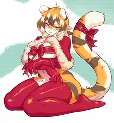 anthro arknights bedroom big_breasts buxbi catgirl christmas christmas_outfit curvy furry kneeling looking_at_viewer mature_female short_hair thick_thighs thighhighs tiger tiger_girl tiger_stripes waai_fu_(arknights)