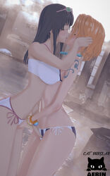 3d catburglaraerin eyewear_on_head female female_only hot_spring kissing koikatsu making_out nami nami_(one_piece) nico_robin one_piece pre-timeskip sunglasses_on_head yuri