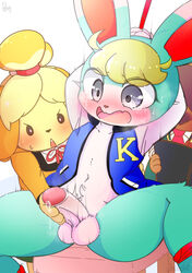 1boy 1girls animal_crossing anthro female femboy femboy_on_female femboysub femdom genitals group handjob hi_res hinata_sakamoto isabelle_(animal_crossing) lagomorph leporid male male/female malesub mammal nintendo penile penis rabbit restraints sasha_(animal_crossing) sex straight video_games