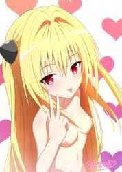 1girls blonde_hair blush breasts female female_only golden_darkness heart heart_shape konjiki_no_yami light-skinned_female light_skin long_hair navel nipples nude_female red_eyes small_breasts to_love-ru tongue tongue_out v_sign very_long_hair yuya_yomi