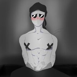 1boy arm_hair blush erection madness_combat male male_only muscular muscular_male newgrounds penis precum pubes sanford taped_nipples