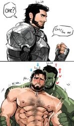 2boys absurd_res armor black_hair blush bodily_fluids body_hair chest_hair collar cum dopq duo forced gameplay_mechanics gay genital_fluids green_body green_skin hair hi_res human humanoid instant_loss_2koma level_drain male male/male male_only mammal muscular nipple_piercing nipples orc piercing plate_armor rape smile speech_bubble tears text tusks yaoi