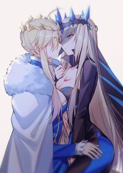 1futa 1girls ahoge aroused artoria_pendragon artoria_pendragon_(lancer) big_breasts blonde_hair blue_clothing breasts cape chained chains clothed clothing collar crown crown_braid diadem duo fate/grand_order fate_(series) female femdom fingering_partner fur_trim futa_on_female futanari futasub green_eyes half_siblings half_sister hand_between_legs handjob imminent_kiss imminent_sex implied_futanari incest light-skinned_female light-skinned_futanari light_skin morgan_le_fay_(fate) mostly_clothed night_kun pale_skin revealing_clothes siblings sisters tattoo tattoos yorukun