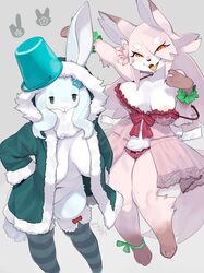 2girls anthro areolae black_eyes breast_outside breasts bucket bunny_ears canine countershading fangs female female_only fox fox_ears fox_tail fur furry furry_only grey_background hooded_jacket inner_sideboob kame_3 lagomorph legwear light_blue_fur lingerie looking_at_viewer narrowed_eyes nipples no_panties orange_eyes partially_clothed pink_fur rabbit slit_pupils smiling smiling_at_viewer striped_legwear very_high_resolution wrist_cuffs