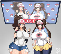 2girls alternate_breast_size bent_wrist big_breasts breasts brown_hair double_bun female female_focus female_only hilda_(pokemon) huge_breasts large_breasts long_hair multiple_girls nintendo oroz-kun pokemon pokemon_bw pokemon_bw2 rosa_(pokemon) shorts standing tank_top thick_thighs thighs twintails voluptuous wide_hips