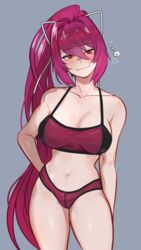 blush breasts female female_focus female_only female_solo galadysp light-skinned_female looking_at_viewer red_eyes smiling_at_viewer solo solo_female thighs under_night_in-birth yuzuriha_(under_night_in-birth)