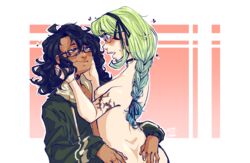 1boy 1girls ambiguous_penetration black_hair blue_eyes blue_hair blush braid choker earrings eye_contact glasses grabbing_ass green_hair head_grab headband holding_head human naked open_jacket open_mouth original_character partially_clothed ribbon straight subby-enby tattoo