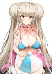 1girls azur_lane beach_ball breasts cleavage double_bun eye_contact female female_only formidable_(azur_lane) formidable_(the_lady_of_the_beach)_(azur_lane) hair large_breasts long_hair looking_at_viewer luse_maonang pink_nails red_eyes red_potato_rinrin swimsuit thighhighs very_long_hair white_hair