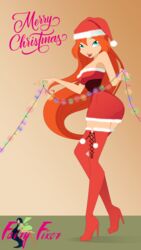 ass bloom bloom_(winx_club) blue_eyes boots breasts christmas christmas_hat christmas_lights cute decorating dress fairy_fixer female female_only juiceshooters long_hair red_hair smile smiling thigh_boots thighhighs winx_club