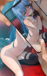 bad_id bangs black_gloves black_legwear blue_eyes blue_hair blush cellphone censored fellatio female flat_chest fumihiko_(pixiv2658856) gloves hair_between_eyes highres holding holding_phone hololive hololive_gen_0 hololive_japan hoshimachi_suisei long_hair looking_at_viewer mosaic_censoring nipples nude one_eye_closed oral partially_fingerless_gloves penis phone pov pov_hands single_thighhigh small_breasts smartphone solo_focus straight thigh_strap thighhighs v_over_eye viewfinder virtual_youtuber