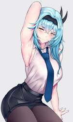 1girls absurd_res arm_behind_head arm_up armpits bangs big_breasts black_leggings black_legwear black_pantyhose black_skirt blue_hair blue_tie blush breasts eula_(genshin_impact) female genshin_impact grey_background hair_between_eyes hair_ribbon hairband headband hi_res highres huge_breasts large_breasts leggings looking_at_viewer panties pantyhose plain_background red_eyes see-through see-through_clothing short_hair sideboob simple_background sitting sitting_on_floor solo tight_clothing underwear white_shirt whitewaffle yellow_eyes