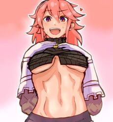 <3 1girls bare_midriff bodily_fluids female female_only fire_emblem fire_emblem_fates hands_on_own_chest konomiminoko looking_at_viewer nintendo smile smiling_at_viewer soleil_(fire_emblem) solo solo_female sweat sweating underboob