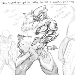 3boys ambiguous_gender ambiguous_penetration anthro armor ass ass_grab balls dialogue english_text halo_(series) kaprileak male male_penetrating male_sangheili_(halo) maledom penetration penis sangheili sex standing standing_sex tail text