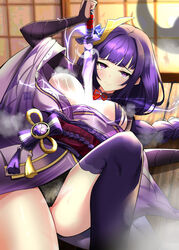 1girls bangs black_panties breasts eyebrows_visible_through_hair female genshin_impact japanese_clothes large_breasts laying_down panties pulling_sword purple_eyes purple_hair raiden_shogun sad sword wood