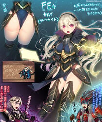 1girls 2boys anger_vein armor armored_boots armored_dress ass black_capelet black_legwear black_leotard blonde_hair blue_background blue_panties blurry bokeh book boots breastplate breasts brown_hair capelet character_name circlet clawed_gauntlets clenched_hand commentary copyright_name corrin_(fire_emblem) corrin_(fire_emblem)_(female) depth_of_field electricity eyebrows_visible_through_hair feet_out_of_frame fire_emblem fire_emblem_fates floating_hair gauntlets groin hair_between_eyes hairband headpiece highleg highleg_leotard highres holding holding_book horse horseback_riding japanese_armor japanese_text kashiwamochi_yomogi leotard leotard_under_clothes light_particles long_hair looking_at_viewer magic medium_breasts multiple_boys multiple_views nintendo open_book open_hand open_mouth outstretched_arm outstretched_hand panties pelvic_curtain purple_background red_eyes riding ryoma_(fire_emblem) spiked_hair text thigh_boots thighhighs thighhighs_under_boots thighs translation_request twitter_username v-shaped_eyebrows xander_(fire_emblem) yellow_background