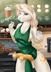 absurd_res animal_genitalia animal_penis anthro apron big_breasts blue_eyes bodily_fluids breasts clothing cutie_mark diphallia diphallism equid equine equine_penis futanari genital_fluids genital_piercing genitals gynomorph hair hi_res i_mean_breast_milk iced_latte_with_breast_milk iced_latte_with_dick_milk intersex kelkessel looking_at_viewer mammal meme milk multi_genitalia multi_penis multicolored_hair my_little_pony nipple_piercing nipples penis penis_piercing piercing precum smile solo starbucks text white_body yellow_nipples yellow_penis