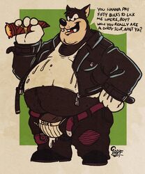 1male 2021 anthro beefy belly big_belly bottomwear cigar clothed clothing dick_root disney domestic_cat dripping english_text fat fat_man felid feline felis garf_of_finland_(artist) genitals goof_troop hi_res jacket jockstrap leather leather_clothing leather_jacket leather_topwear looking_at_viewer male male_only male_pubic_hair mammal manly masculine mature_male open_bottomwear open_clothing open_pants pants penis peter_pete_sr. pointy_ears shirt solo tank_top text thick_penis topwear underwear vein veiny_penis