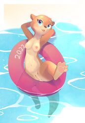 2022 4_toes anthro areola b-epon blue_eyes breasts brown_body brown_fur feet female fur genitals head_tuft hi_res lutrine mammal mustelid navel nipples nude open_mouth open_smile partially_submerged pawpads pink_areola pink_nipples pink_pawpads pussy reclining small_breasts smile solo spread_legs spreading toes tuft