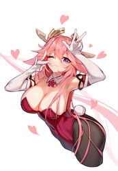 1girls bunny_girl bunny_tail bunnysuit curvy fox_ears genshin_impact gloves heart large_breasts long_hair pink_hair pink_suit purple_eyes white_gloves yae_miko