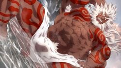 1boy abs armpit_hair armpits asura's_wrath augus bara bodypaint bulge dark-skinned_male dark_skin dutch_angle frown highres konohanaya large_pectorals long_hair looking_at_viewer male_focus male_only male_pubic_hair mature_male muscular muscular_male naked_towel navel nipples no_pupils old old_man pectorals pubic_hair pubic_hair_peek reward_available solo spread_legs stomach thick_eyebrows thick_thighs thighs topless_male towel veins wet white_hair