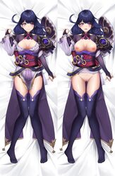 absurdres bangs blush breasts bridal_gauntlets closed_mouth dakimakura_(medium) female full_body genshin_impact highres japanese_clothes kimono long_hair long_sleeves lying medium_breasts mole mole_under_eye nipples on_back parted_lips purple_eyes purple_hair purple_kimono purple_legwear pussy raiden_shogun sash smile sora_(artist) sora_(men0105) thighhighs thighs