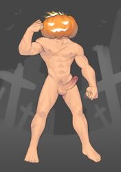 1boy abs absurdres bara biceps completely_nude erection fire flexing full_body halloween halloween_costume highres hunterkay jack-o'-lantern male male_focus male_only male_pubic_hair muscular muscular_male navel navel_hair nipples nude original pectorals pose proud_of_his_cock pubic_hair pumpkin_hat pumpkin_head reward_available scar scar_on_arm scar_on_chest scar_on_leg solo standing stomach thighs uncensored