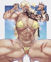 abs beach big_breasts bikini blonde_hair blue_eyes chains kugara4423 looking_at_viewer muscular muscular_female original_character scar scars scars_all_over sharp_teeth solo_female squatting sweat taller_girl tattoo thick_thighs