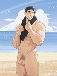 1boy beach flaccid katto8452 lin.katto male_only my_senpai_is_annoying penis precum_drip pubic_hair senpai_ga_uzai_kouhai_no_hanashi smile tagme takeda_harumi_(shiromanta) testicles towel_around_neck uncensored