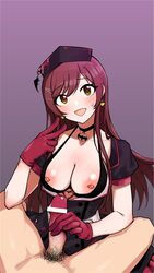 1boy 1girls bar_censor blush breasts brown_hair censored efwc eyebrows_visible_through_hair female gloved_handjob gloves handjob idolmaster idolmaster_shiny_colors light-skinned_female light-skinned_male light_skin long_hair medium_breasts nipples oosaki_amana open_mouth penis straight v yellow_eyes