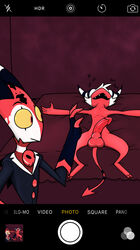 anthro balls blitzo_(helluva_boss) camera_view clothed clothing demon duo erect_while_sleeping erection genitals helluva_boss hi_res imp looking_at_genitalia looking_at_penis male male/male moxxie_(helluva_boss) nude penis red_body red_penis sleeping trashbadger yellow_sclera