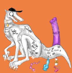 anal_beads animal_dildo animal_sex_toy bad_batter bad_batter_(off) baseball_cap bodily_fluids body_writing canine_dildo claws clothing collar cum cum_in_mouth cum_inside cum_on_body cum_pool digitigrade dildo equine_dildo fangs feral french_text genital_fluids hat headgear headwear hi_res lube_bottle male monster no_humans off_(game) queentexx semi-anthro sex_toy sitting slim solo tally_marks teeth text the_batter_(off) vibrator video_games visible_ribs white_body white_skin