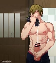 1boy big_penis free! lowres makoto_tachibana male_only male_solo masturbation smell sniffing sniffing_clothes tachibana_makoto tagme