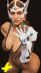 1girls 3d ass big_ass black_hair blizzard_entertainment breasts brown_eyes brown_hair dark-skinned_female dark_skin female female_only fishnet fishnet_leotard fishnets indian italessio27 large_ass looking_at_viewer nipples overwatch petite solo sweat symmetra thick_thighs tinted_eyewear visor wide_hips yellow_eyes