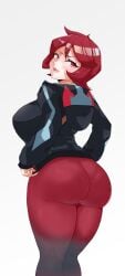 1girls arezu_(pokemon) ass ass_focus b1ackgoldsaw back_view big_ass big_breasts breasts clothed female game_freak leggings looking_back nintendo pantylines pokemon pokemon_legends:_arceus red_eyes red_hair sideboob solo solo_female teeth thick_thighs thighs tight_clothing white_background