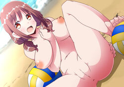 :d anus areolae arm_between_breasts bangs bar_censor barefoot beach between_breasts breasts brown_eyes brown_hair censored completely_nude eyebrows_visible_through_hair feet harukana_receive highres inverted_nipples large_breasts looking_at_viewer naruse_mai navel nude ocean oozora_haruka_(harukana_receive) open_mouth pointless_censoring pussy sitting smile spread_legs thighs toes volleyball