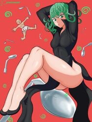 1boy 1girls arms_behind_head arms_up ass bald big_ass blush clothed clothing dress female female_focus green_eyes green_hair high_heels legs looking_down male medium_hair one-punch_man saitama short_hair small_breasts spoon tatsumaki zeromomentai