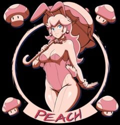 1girls bent_wrist black_background blue_eyes breasts bunny_ears bunnysuit character_name cleavage clothing female female_only leotard long_hair mario_(series) mushroom nintendo pantyhose princess_peach simple_background solo standing strapless strapless_leotard umbrella zeromomentai