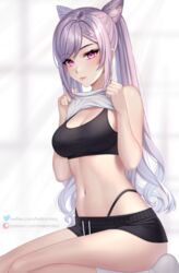 1girls abs absurd_res belly_button big_breasts black_shorts black_sports_bra blush breasts cat_ears cleavage female genshin_impact gym_uniform helloimtea hi_res highres huge_breasts keqing_(genshin_impact) large_breasts light-skinned_female light_skin long_hair looking_at_viewer midriff on_knees pink_eyes purple_eyes purple_hair shirt_lift shirt_pull shirt_up short_shorts shorts shoulders sitting sitting_on_floor slim_waist small_waist smile socks solo sports_bra sportswear thick thick_thighs thighs waist