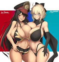 16.6_(artist) 2girls big_breasts bikini black_hair blonde_hair breasts bursting_breasts busty enormous_breasts fate/grand_order fate_(series) huge_breasts makino_momiji_(artist) massive_breasts miniskirt multiple_girls oda_nobunaga_(fate) okita_souji_(fate)_(all) tagme top_heavy voluptuous xyv_1