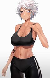 1girls :o absurd_res athletic athletic_female bare_shoulders belly big_breasts cleavage clothed clothing comission dark-skinned_female dark_skin female female_focus female_only gray_eyes gym_clothes highres large_breasts leggings midriff navel original original_character rororo short_hair silver_eyes sports_bra sportswear sweat sweatdrop sweating tanned tattoo tomboy very_short_hair white_hair