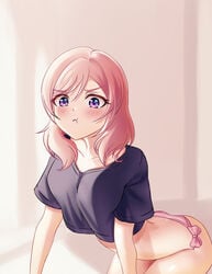 :t absurdres adorable aiyanamii arched_back bangs bent_over black_shirt blush cute eyebrows_visible_through_hair female highres looking_at_viewer love_live! love_live!_school_idol_project medium_hair nishikino_maki no_pants panties pink_panties pout pouty_lips purple_eyes red_hair shirt short_sleeves side-tie_panties solo t-shirt underwear v-shaped_eyebrows