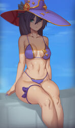 1girls 2021 alternate_breast_size belly_button bikini black_hair breasts disinterested emotionless empty_eyes expressionless female female_only genshin_impact green_eyes hat hips large_breasts large_hat long_hair mona_(genshin_impact) phat_smash purple_bikini simple_background slim_waist thick_thighs thighs twintails wide_hips witch_hat