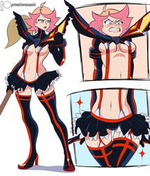 1girls alternate_costume amanda_o'neill angry black_clothing black_legwear blush cosplay embarrassed exposed_belly female female_only green_eyes high_heels holding_object humiliated humiliation kill_la_kill little_witch_academia living_clothes looking_at_partner matoi_ryuuko_(cosplay) multicolored_hair orange_hair red_hair scantily_clad seductive_pose senketsu skirt solo tight_clothing unhappy_female zeromomentai