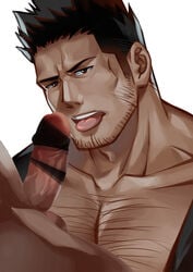 2boys :p bar_censor bara beard black_hair bleach brown_eyes censored chest_hair chrisanother clothed_male_nude_male dark-skinned_male dark_skin facial_hair frown imminent_fellatio isshin_kurosaki japanese_clothes kimono large_pectorals long_sideburns male_focus mature_male multiple_boys muscular muscular_male nude open_clothes open_kimono pectoral_cleavage pectorals pov short_hair sideburns spiked_hair stubble tongue tongue_out upper_body yaoi