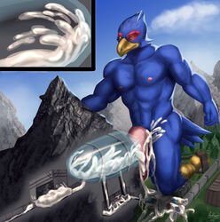 absurd_res after_sex anthro apohorse avian bird blue_body bodily_fluids cum excessive_cum facility falco_lombardi flaccid flooding genital_fluids genitals hi_res macro male male_only mountain nintendo penetrable_sex_toy penetration penile penis penis_milking sex_toy solo star_fox tunnel video_games worship