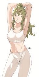 1girls alternate_costume armpits bangs bare_midriff breasts closed_mouth commentary eyebrows_visible_through_hair female female_only fire_emblem fire_emblem_awakening green_eyes green_hair long_hair looking_at_viewer navel nintendo pointy_ears ponytail sakuremi smile solo standing stretch tiki_(adult)_(fire_emblem) tiki_(fire_emblem)