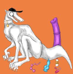 anal_beads animal_dildo animal_sex_toy bad_batter_(off) baseball_cap canine_dildo claws clothing collar digitigrade dildo equine_dildo fangs feral hat headgear headwear hi_res ibispaint lube_bottle male monster off_(game) queentexx semi-anthro sex_toy sitting slim solo tail teeth the_batter_(off) vibrator video_games visible_ribs white_body white_skin