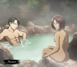 1boy 1girls abs ass attack_on_titan blue_eyes brown_hair female_focus glasses hanji_zoe levi_ackerman nemesis179 nipples nude sauna shingeki_no_kyojin sideboob watermark