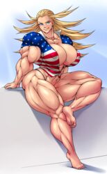 1girls barefoot big_breasts big_muscles blonde_female blonde_hair blue_eyes breasts cathleen_bate cleavage extreme_muscles feet female huge_breasts large_breasts legs looking_at_viewer missymuscle muscles muscular muscular_female muscular_thighs my_hero_academia pose smile soles solo star_and_stripe_(my_hero_academia) thick_thighs thong thong_aside toes